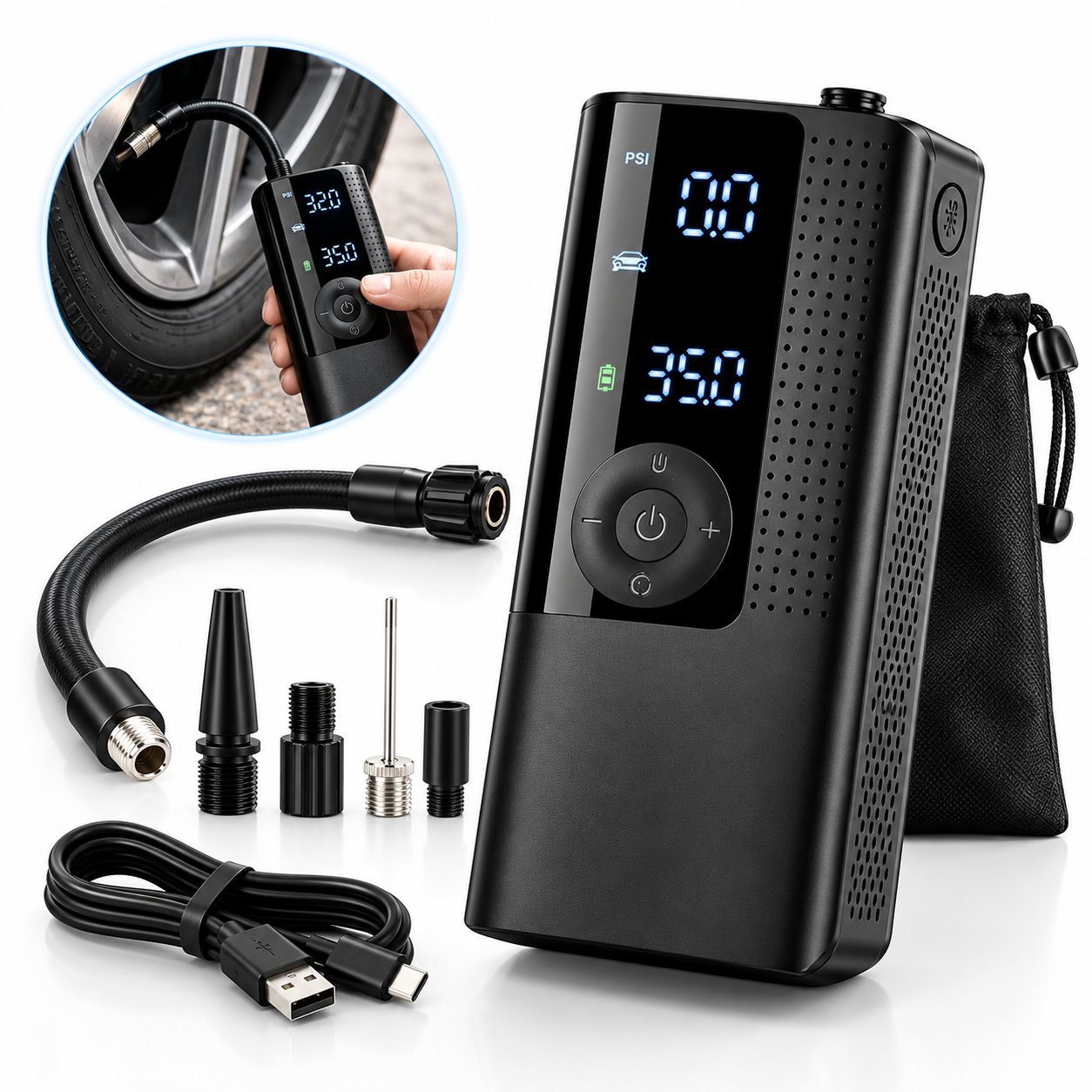 CoreviaTech portable tire inflator with hose and accessories