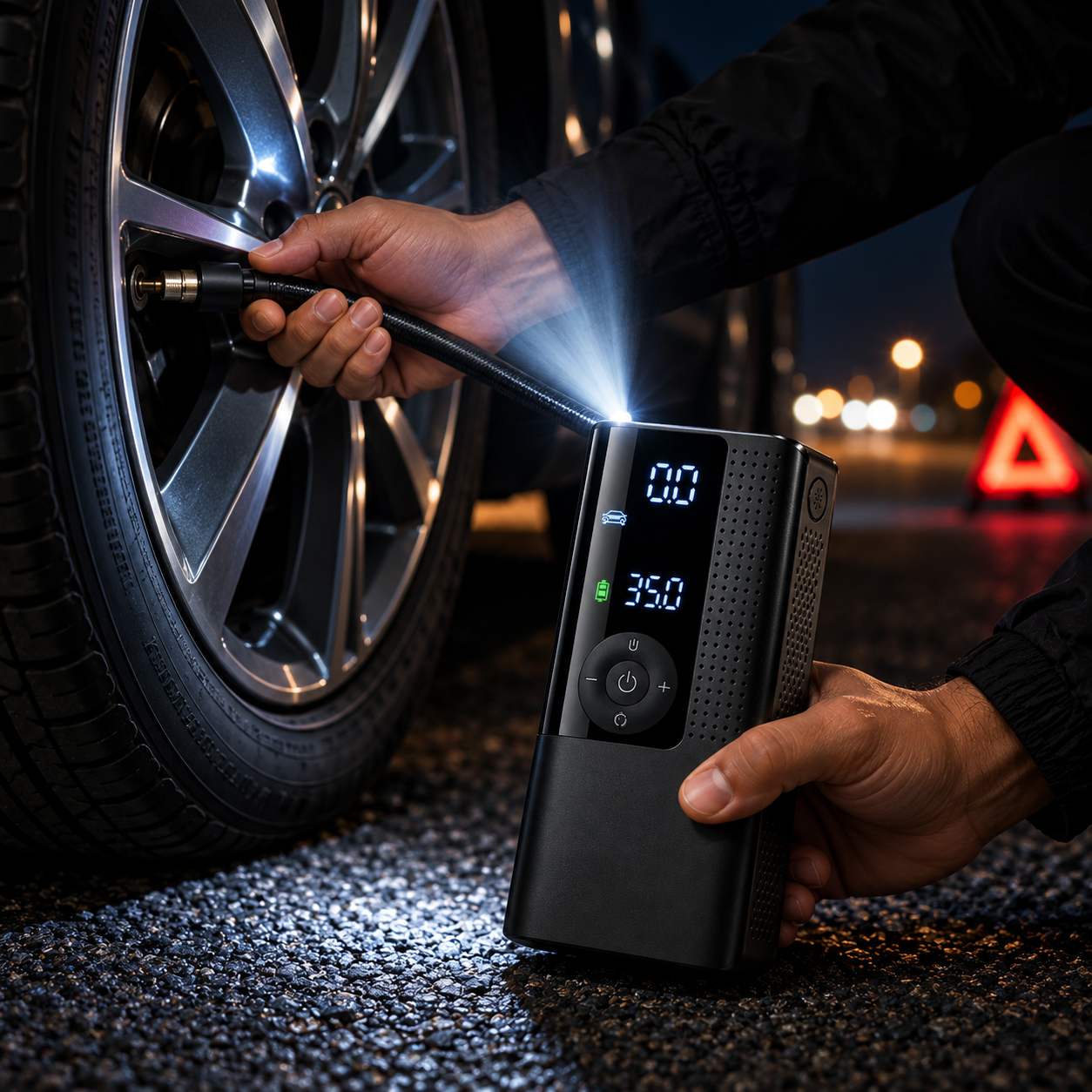 CoreviaTech inflator with LED light used at night