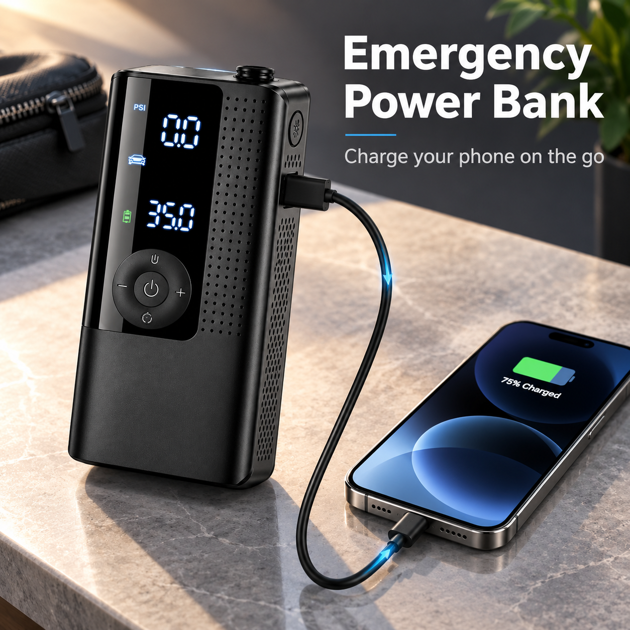 Portable inflator connected to a smartphone